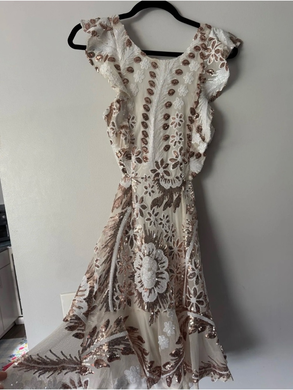 Hello Molly White Dress with Rose Gold Sequin Floral Embroidery